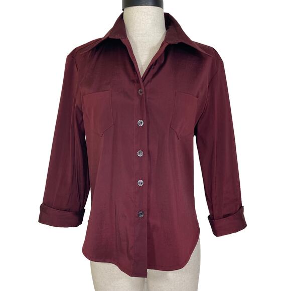 Burgundy button down shirt Alice & Trixie ladies medium cuffed 3/4 sleeve blouse - Picture 9 of 10